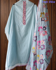 Mul Cotton Neck Embroidered Unstitched Suit with Designer Embroidered Dupatta