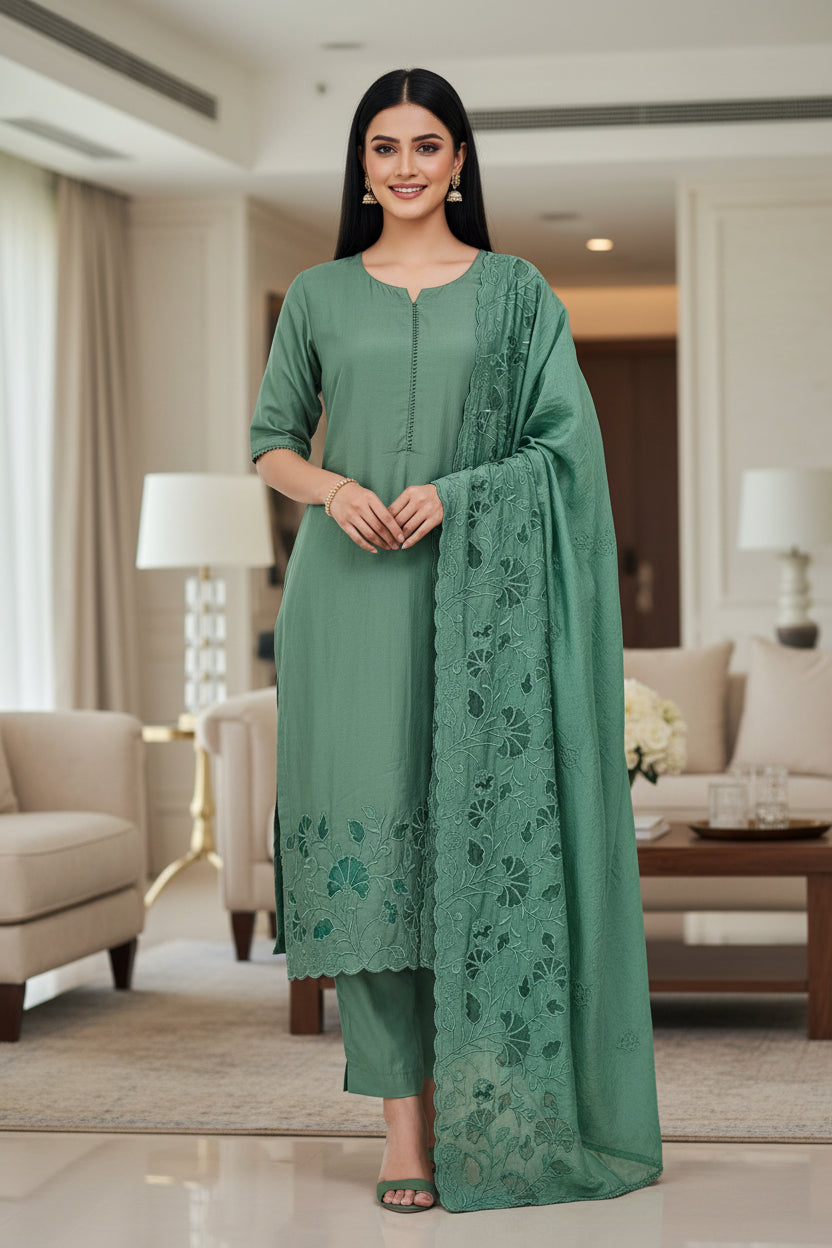 Modal Laser Cut Embroidered Un-Stitched Suit with Designer Dupatta
