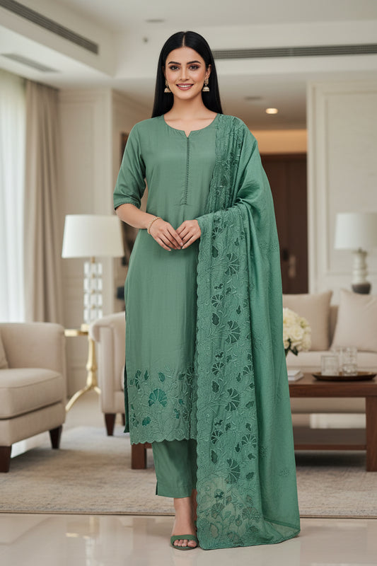 Modal Laser Cut Embroidered Un-Stitched Suit with Designer Dupatta