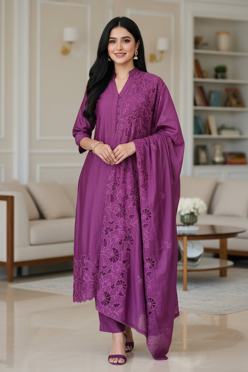 Modal Laser Cut Embroidered Un-Stitched Suit with Designer Dupatta
