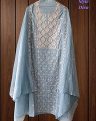 Mul Cotton Lucknowi Embroidered Un-Stitched Suit with Embroidered Dupatta