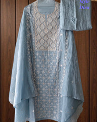 Mul Cotton Lucknowi Embroidered Un-Stitched Suit with Embroidered Dupatta