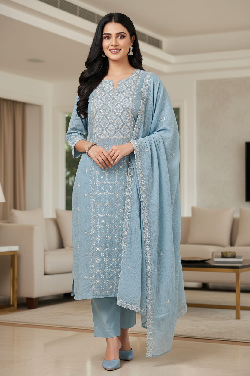 Mul Cotton Lucknowi Embroidered Un-Stitched Suit with Embroidered Dupatta