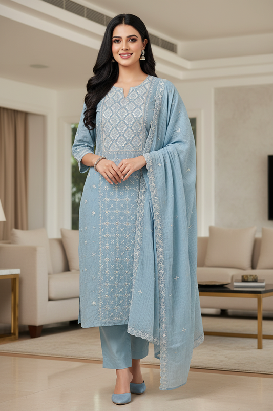 Mul Cotton Lucknowi Embroidered Un-Stitched Suit with Embroidered Dupatta