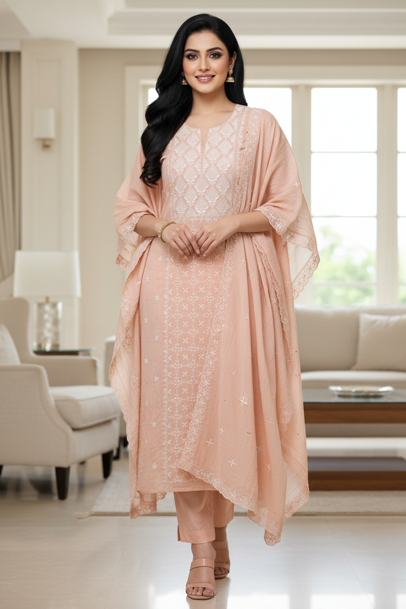 Mul Cotton Lucknowi Embroidered Un-Stitched Suit with Embroidered Dupatta