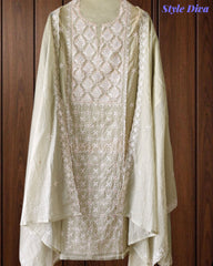 Mul Cotton Lucknowi Embroidered Un-Stitched Suit with Embroidered Dupatta