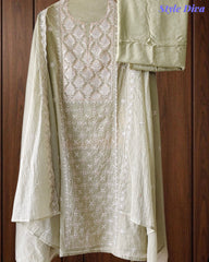 Mul Cotton Lucknowi Embroidered Un-Stitched Suit with Embroidered Dupatta