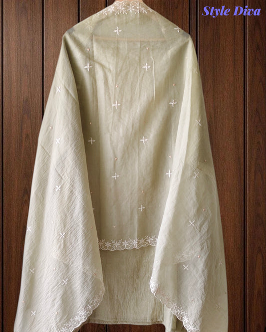 Mul Cotton Lucknowi Embroidered Un-Stitched Suit with Embroidered Dupatta