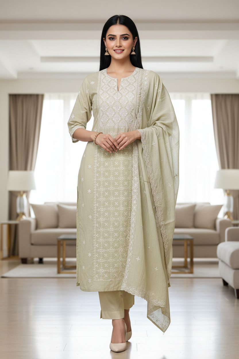 Mul Cotton Lucknowi Embroidered Un-Stitched Suit with Embroidered Dupatta