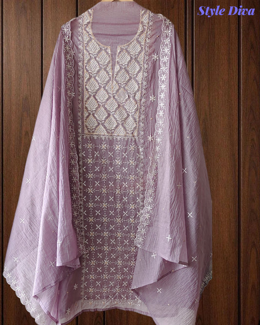 Mul Cotton Lucknowi Embroidered Un-Stitched Suit with Embroidered Dupatta