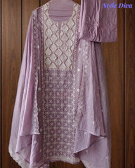 Mul Cotton Lucknowi Embroidered Un-Stitched Suit with Embroidered Dupatta