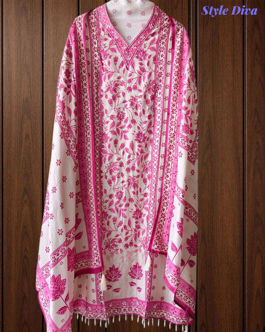 Muslin Digital Printed Cut Dana Work Semi-Stitched Suit with Tassel Dupatta