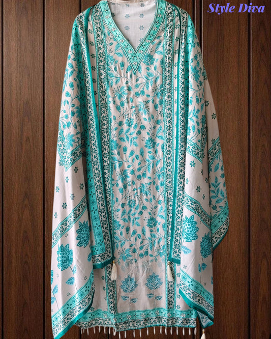 Muslin Digital Printed Cut Dana Work Semi-Stitched Suit with Tassel Dupatta