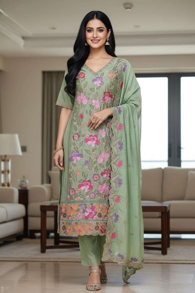 Pure Cotton Thread Embroidered Unstitched Suit with Mul Cotton Scalloped Embroidered Dupatta