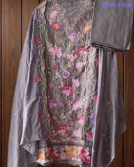 Pure Cotton Thread Embroidered Unstitched Suit with Mul Cotton Scalloped Embroidered Dupatta