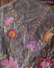 Pure Cotton Thread Embroidered Unstitched Suit with Mul Cotton Scalloped Embroidered Dupatta