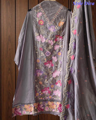 Pure Cotton Thread Embroidered Unstitched Suit with Mul Cotton Scalloped Embroidered Dupatta