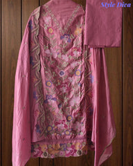 Pure Cotton Thread Embroidered Unstitched Suit with Mul Cotton Scalloped Embroidered Dupatta