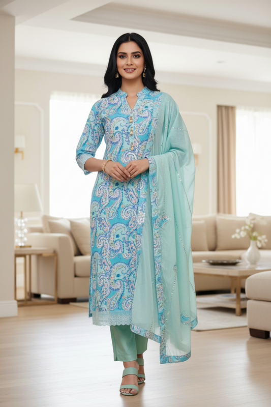 Cotton Printed Unstitched Suit with Faux Mirror & Applique Work Dupatta