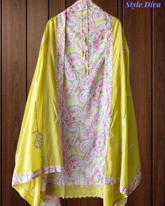 Cotton Printed Unstitched Suit with Faux Mirror & Applique Work Dupatta
