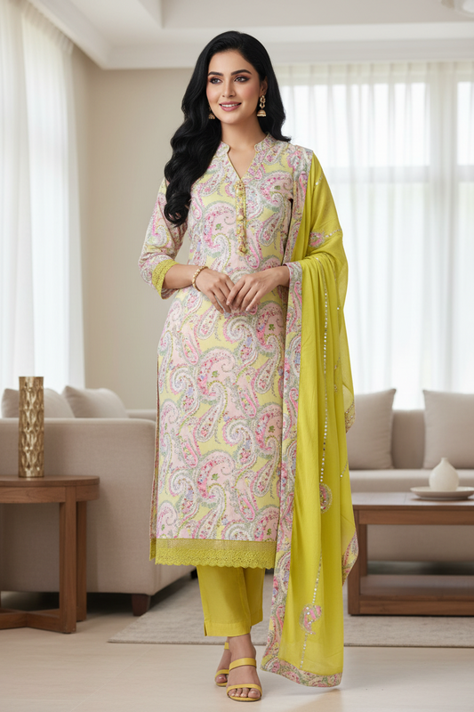Cotton Printed Unstitched Suit with Faux Mirror & Applique Work Dupatta