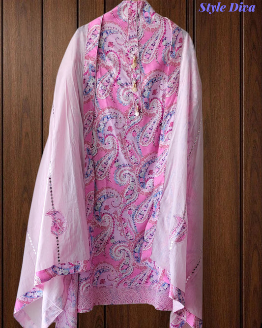 Cotton Printed Unstitched Suit with Faux Mirror & Applique Work Dupatta