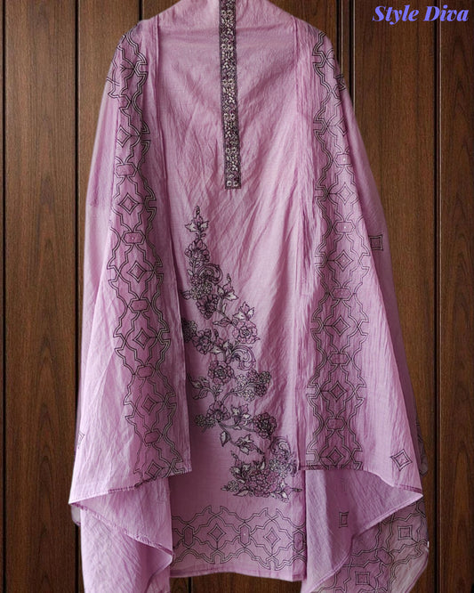 Mul Cotton Lucknowi Embroidered Un-Stitched Suit with Embroidered Dupatta