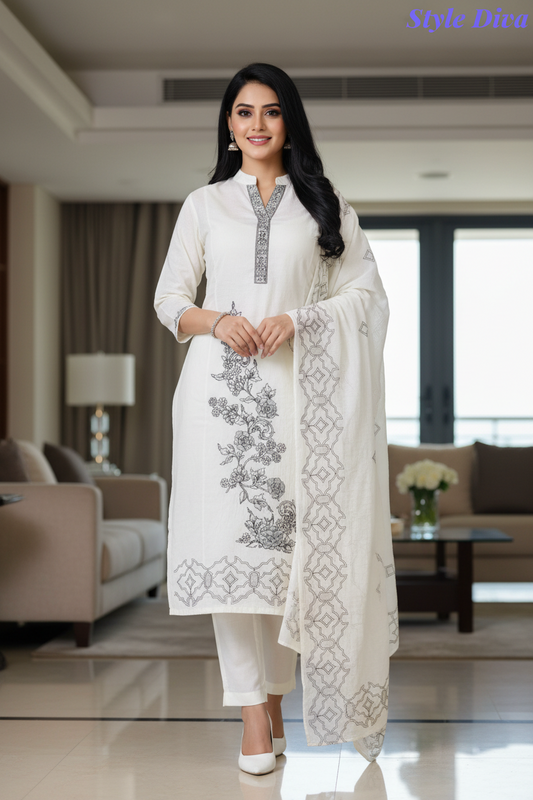 Mul Cotton Lucknowi Embroidered Un-Stitched Suit with Embroidered Dupatta
