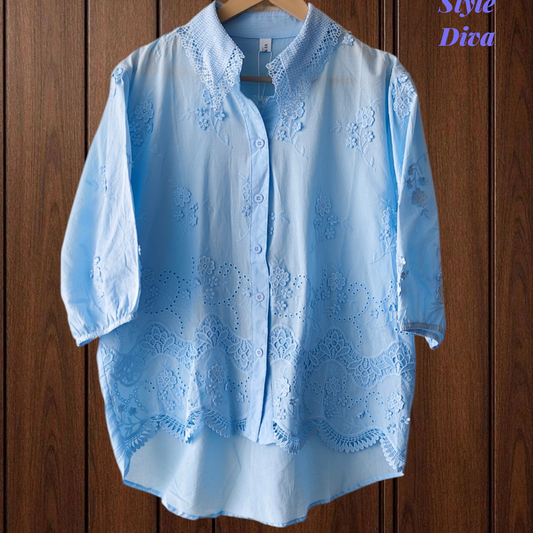 Pure Cotton Embroidered Regular Fit Casual Korean Shirt for Women