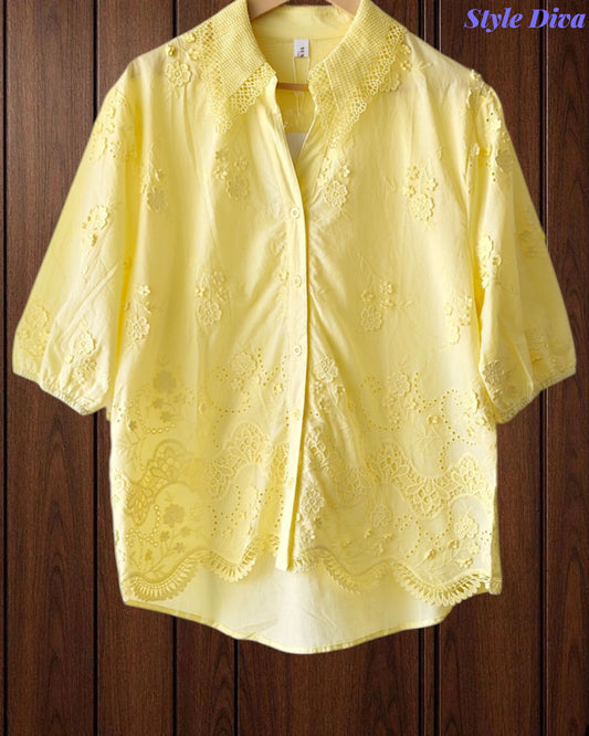 Pure Cotton Embroidered Regular Fit Casual Korean Shirt for Women