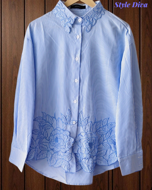 2XL-Casual Striped Floral 3D Embroidery Korean Shirt – Pure Cotton Regular Fit Top