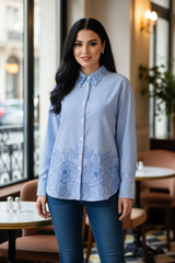 2XL-Casual Striped Floral 3D Embroidery Korean Shirt – Pure Cotton Regular Fit Top