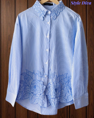 2XL-Casual Striped Floral 3D Embroidery Korean Shirt – Pure Cotton Regular Fit Top
