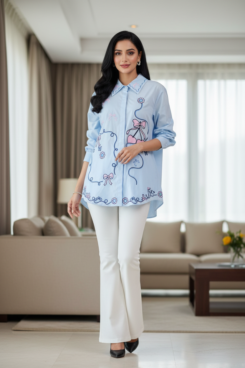 Women's Pure Cotton Floral Embroidered Korean Shirt | Regular Fit Casual Top