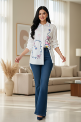 Women's Pure Cotton Floral Embroidered Korean Shirt | Regular Fit Casual Top