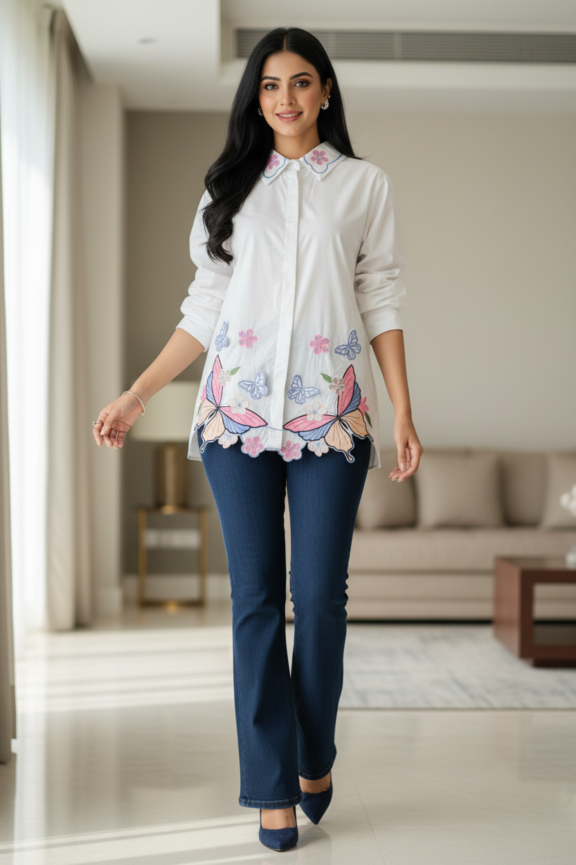 Women’s Pure Cotton Butterfly 3D Embroidery Korean Shirt | Casual Regular Fit Shirt