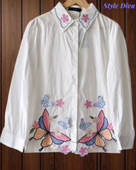 Women’s Pure Cotton Butterfly 3D Embroidery Korean Shirt | Casual Regular Fit Shirt