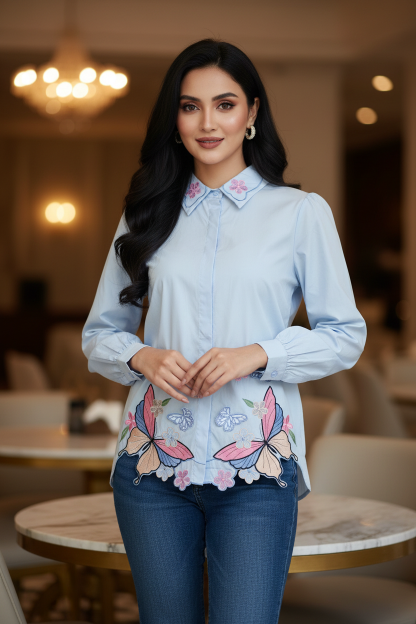 Pure Cotton Butterfly 3D Embroidery Korean Shirt | Casual Regular Fit Shirt