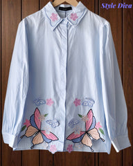 Women’s Pure Cotton Butterfly 3D Embroidery Korean Shirt | Casual Regular Fit Shirt