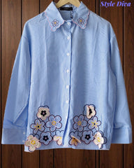 Women Casual Striped Floral 3D Embroidery Korean Shirt – Pure Cotton Regular Fit Top