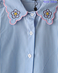 Women Casual Striped Floral 3D Embroidery Korean Shirt – Pure Cotton Regular Fit Top
