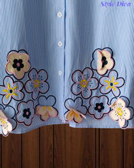 Women Casual Striped Floral 3D Embroidery Korean Shirt – Pure Cotton Regular Fit Top