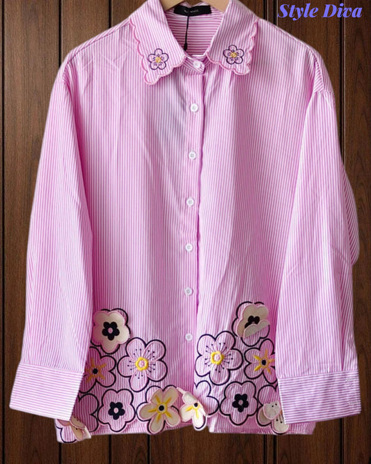 Casual Striped Floral 3D Embroidery Korean Shirt – Pure Cotton Regular Fit Top