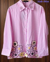 Women Casual Striped Floral 3D Embroidery Korean Shirt – Pure Cotton Regular Fit Top