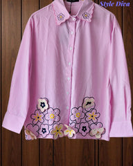 Women Casual Striped Floral 3D Embroidery Korean Shirt – Pure Cotton Regular Fit Top