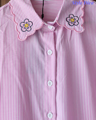 Women Casual Striped Floral 3D Embroidery Korean Shirt – Pure Cotton Regular Fit Top