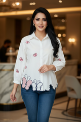 2XL-Pure Cotton Butterfly 3D Embroidery Korean Shirt | Casual Regular Fit Shirt