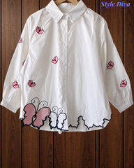 2XL-Pure Cotton Butterfly 3D Embroidery Korean Shirt | Casual Regular Fit Shirt