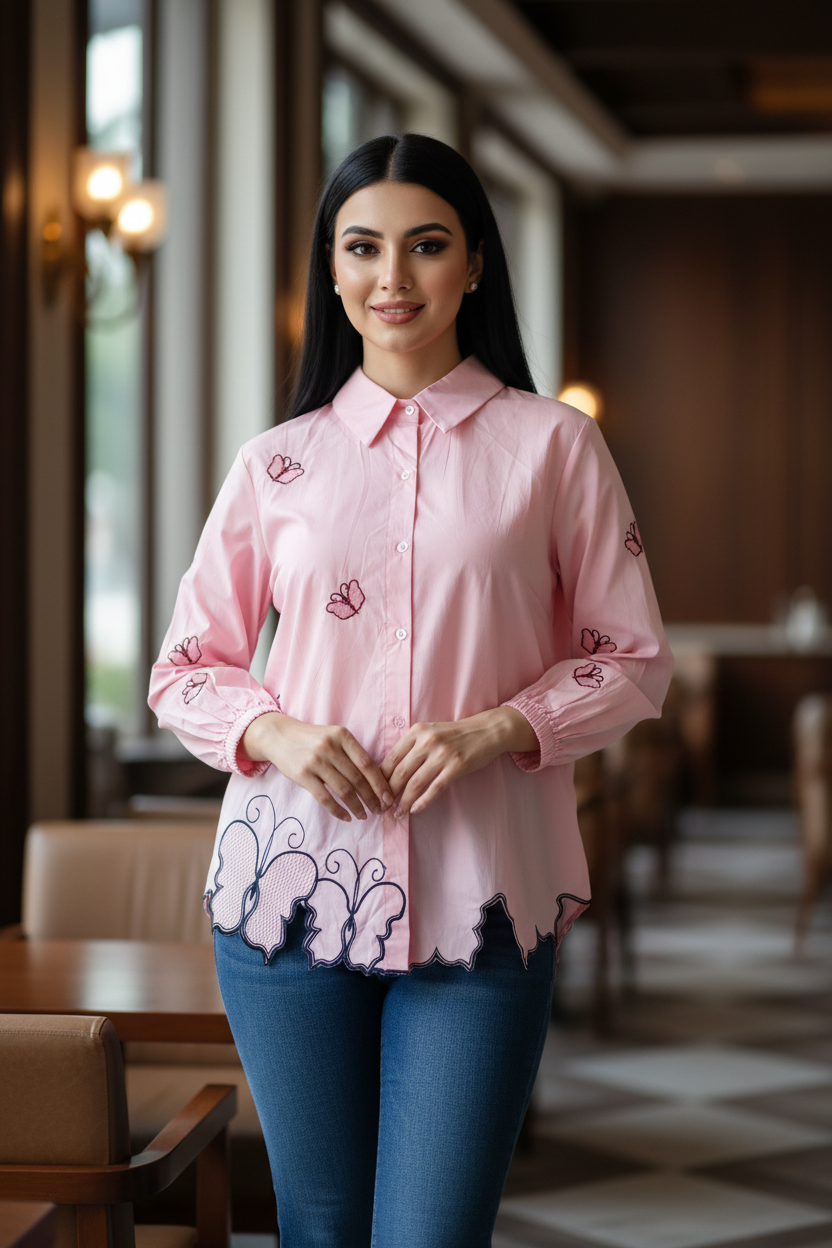 2XL-Pure Cotton Butterfly 3D Embroidery Korean Shirt | Casual Regular Fit Shirt