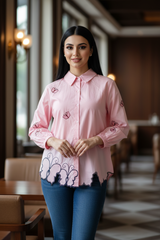 2XL-Pure Cotton Butterfly 3D Embroidery Korean Shirt | Casual Regular Fit Shirt